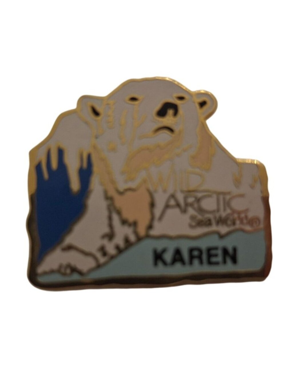 Vintage SeaWorld Arctic Polar Bear Karen Employee Name Pin 1995 Collectible Badg